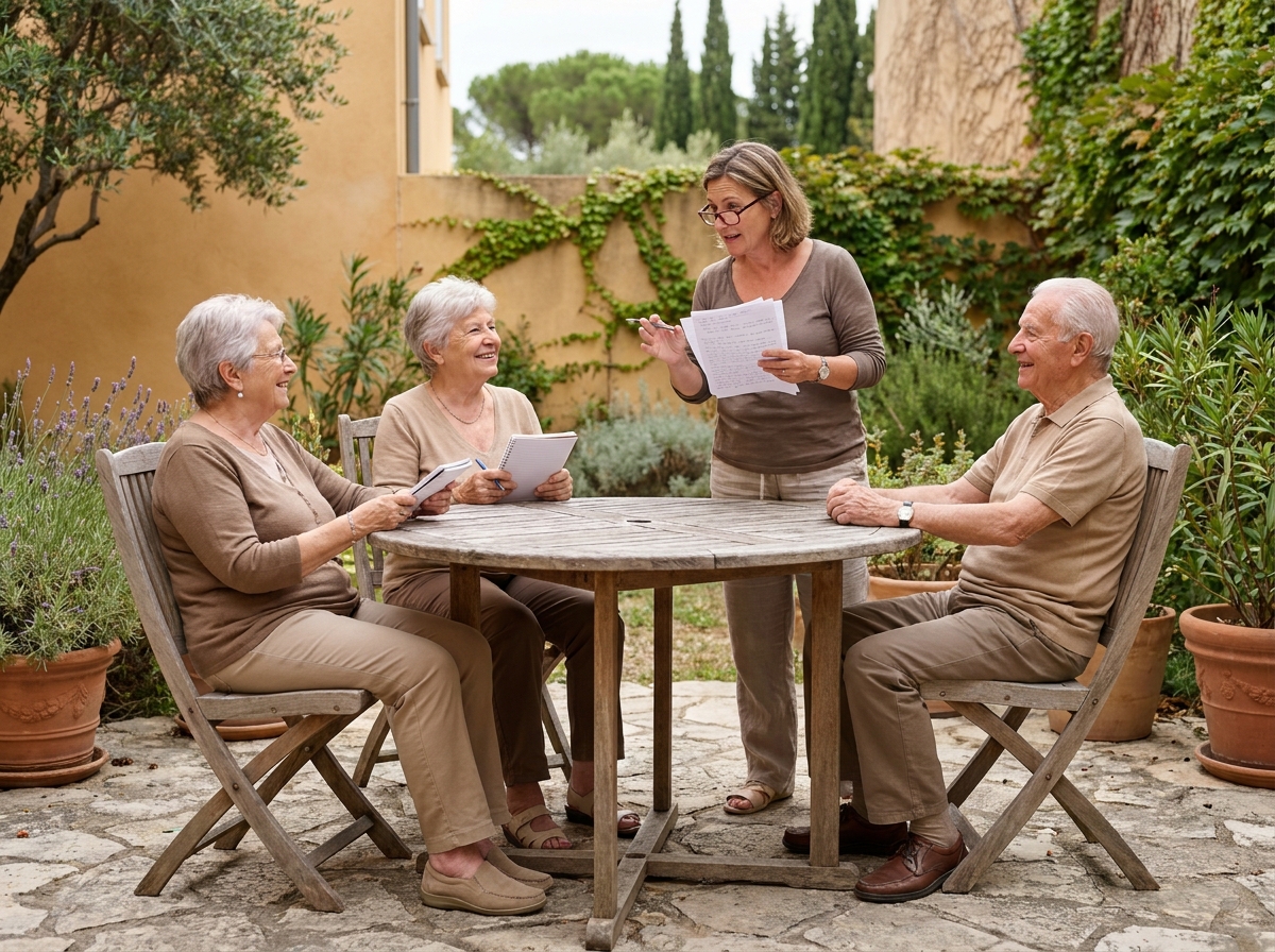 Des résidents seniors participent à un atelier poésie en plein air dans le jardin méditerranéen de la Villa des Poètes à Marseille