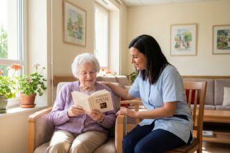 Une résidente âgée et une aide-soignante partagent un moment de lecture dans le salon chaleureux d'un EHPAD moderne à Marseille