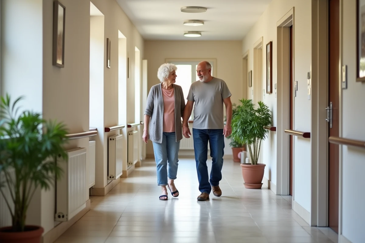 Famille visitant les couloirs d'une maison de retraite avant l'admission d'un proche en 2026