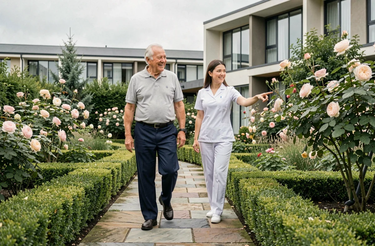 Un senior se promenant dans le jardin d'une maison de retraite moderne accompagné d'une soignante, visite d'établissement