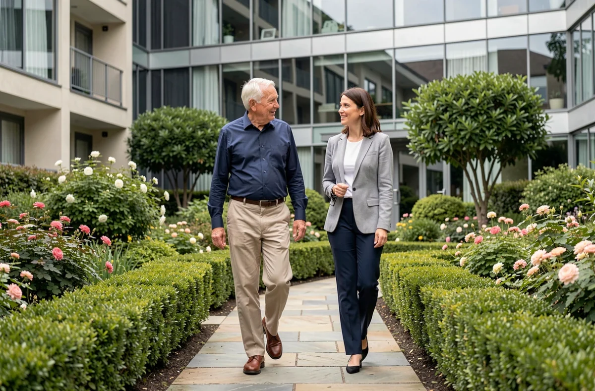 Homme âgé visitant le jardin d'une résidence senior accompagné d'une conseillère lors d'une visite d'établissement
