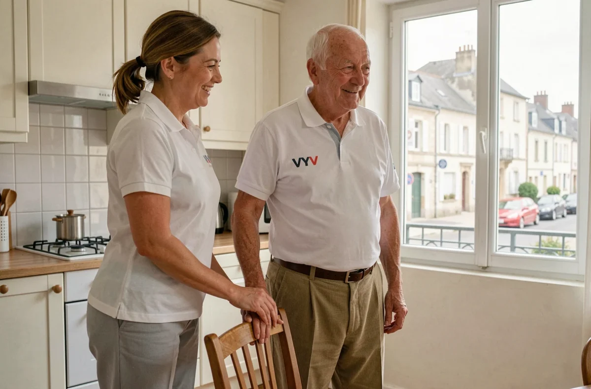Une infirmière de VYV Domicile Centre-Val de Loire aide un homme âgé à se lever dans son appartement